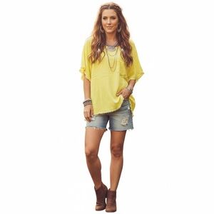 UMGEE Frayed Linen Blend Yellow Pocket Top Sun-Drenched Boho Western Coastal 1XL